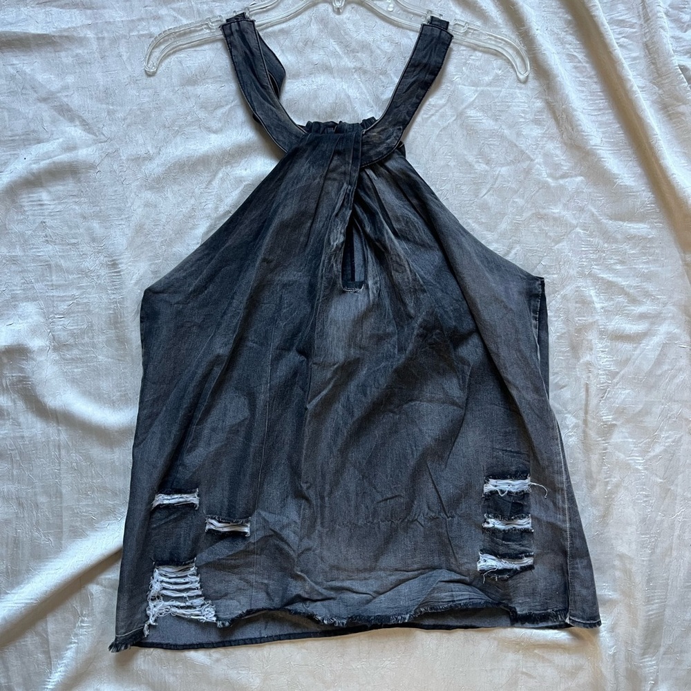 Mazik Distressed Black Denim Halter Top